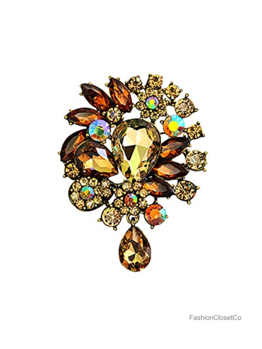 Crystal Antiqued Gold Tone Teardrop Bouquet Brooch Pin Party Wedding